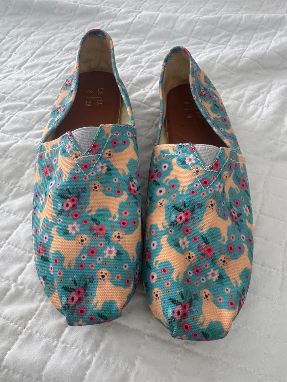 Teal Floral Canvas Slip-On Shoes with Yellow Dog Print